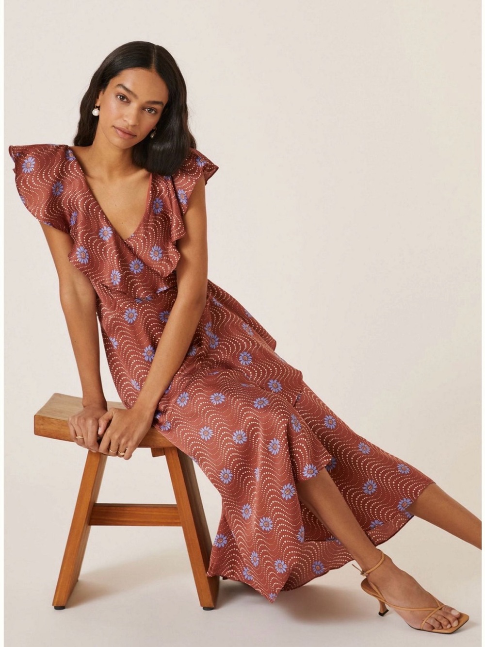 Anthropologie Rust Brown Maxi Dress with Light Floral Print